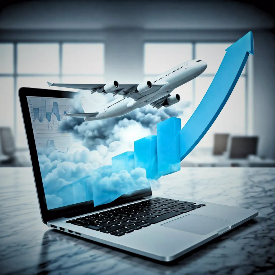 Laptop mit Wachstumskurve und Flugzeug – Grafik von Startpilot Marketing